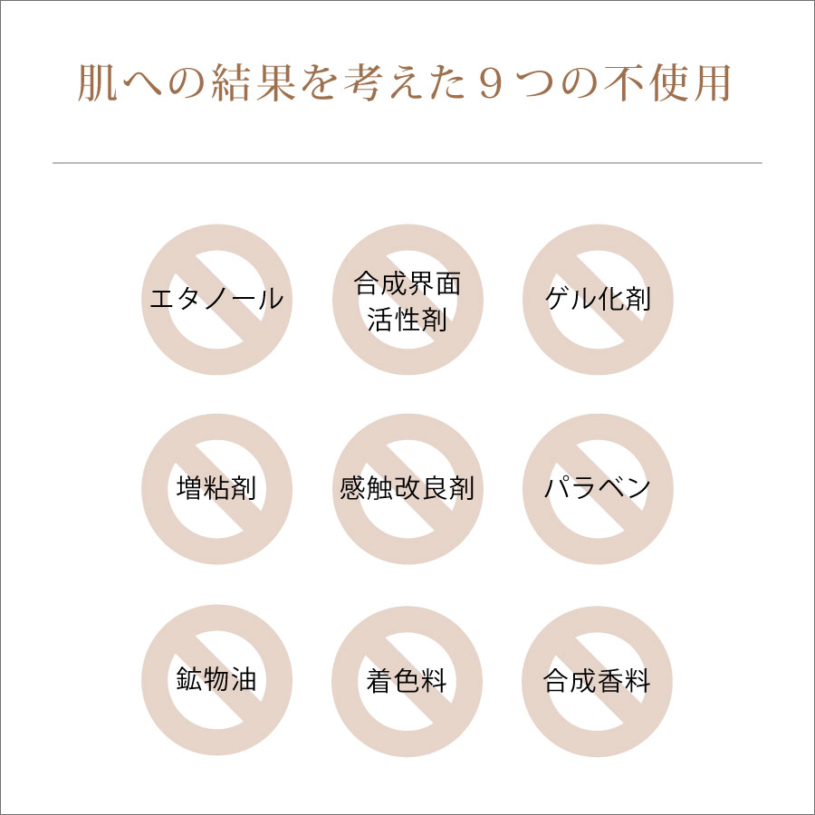 ヘヴンシャワーの9つの不使用(エタノール・合成界面活性剤・ゲル化剤・増粘剤・感触改良剤・パラベン・鉱物油・着色料・合成香料 の9つの無添加